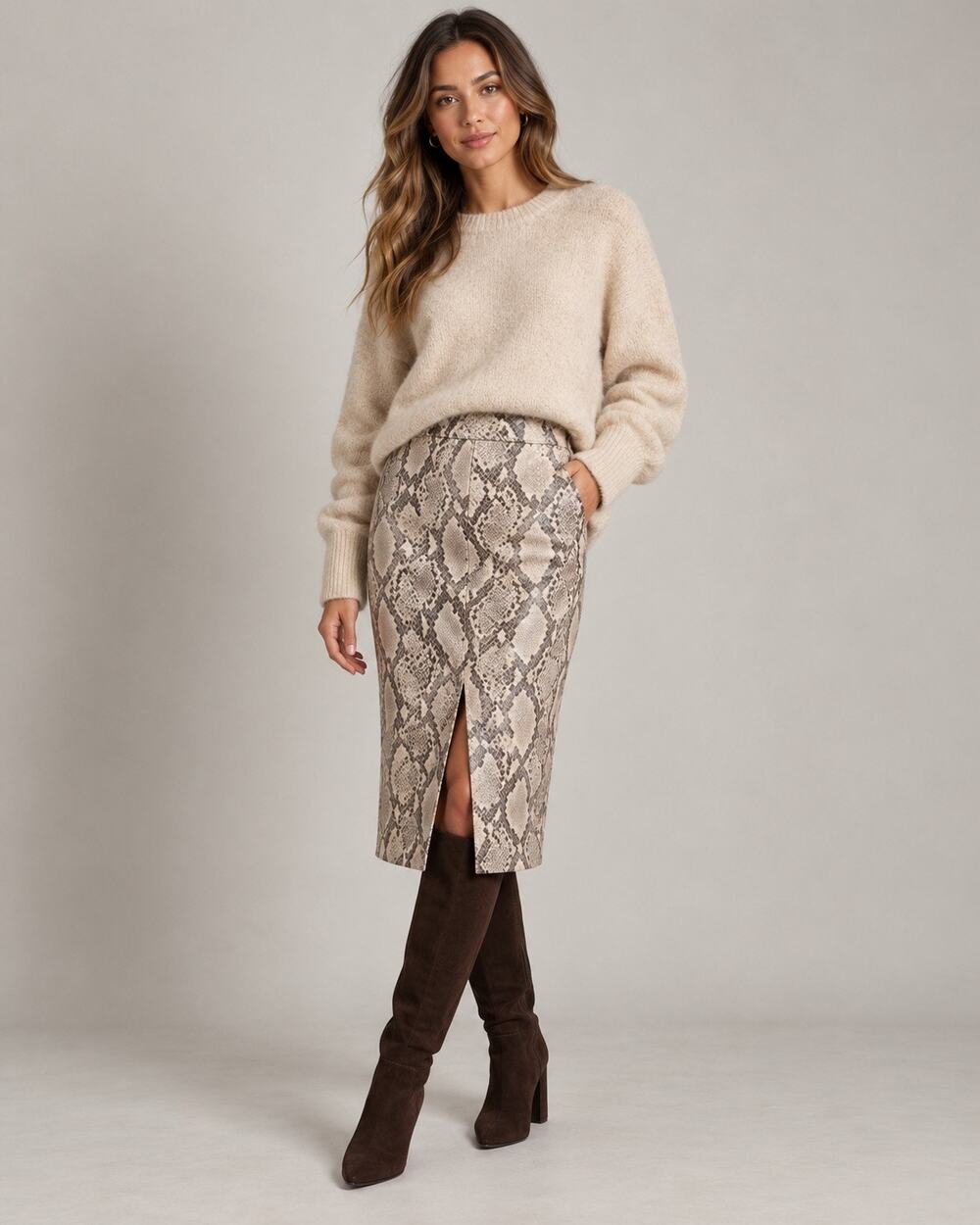 REISS Missa Leather Snakesking-Effect Pencil Skirt in Neutral Size 8 NWT
